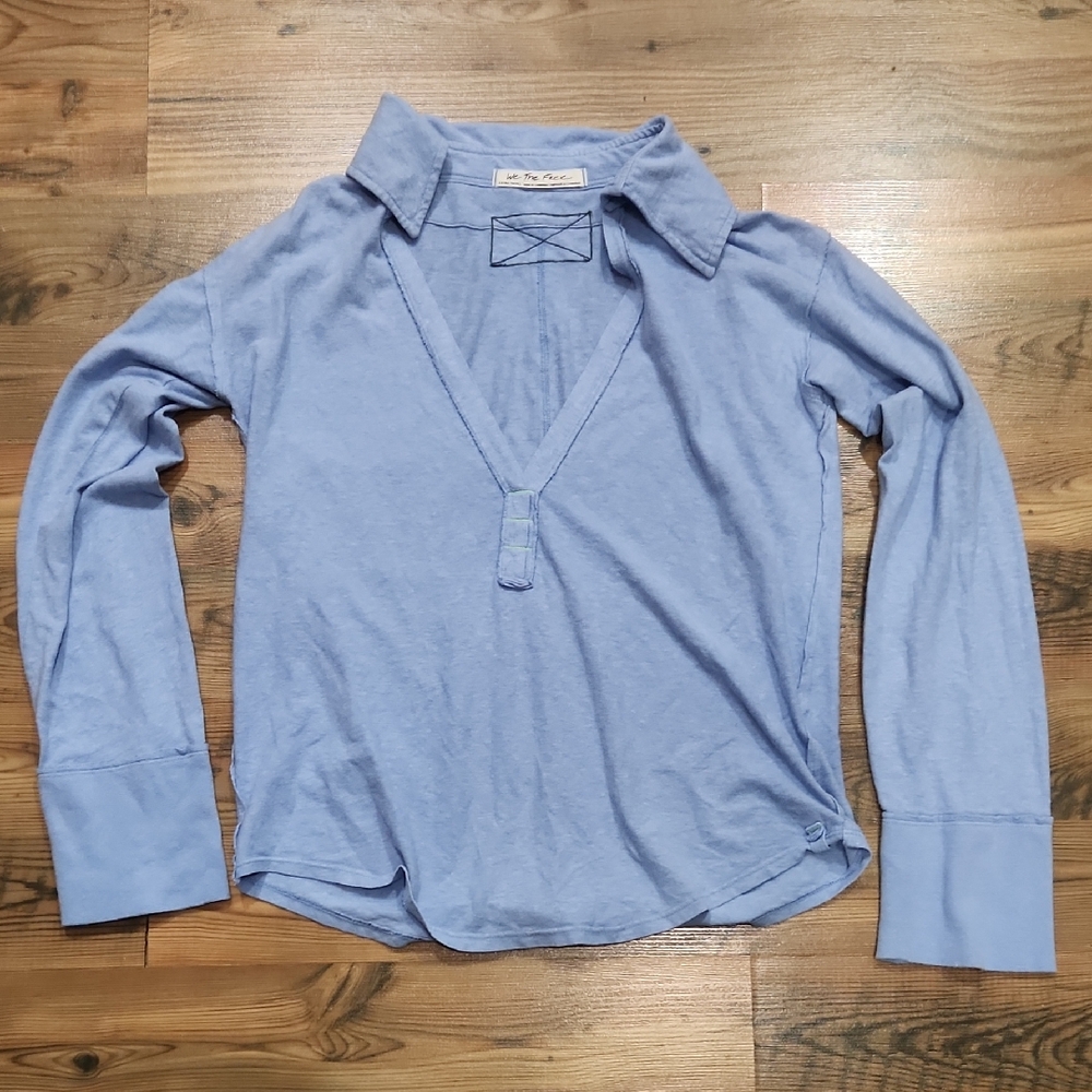 We The Free Raina Split Collar Boho Ecocore polo Hemp Normcore Sky Blue‎ xsmall